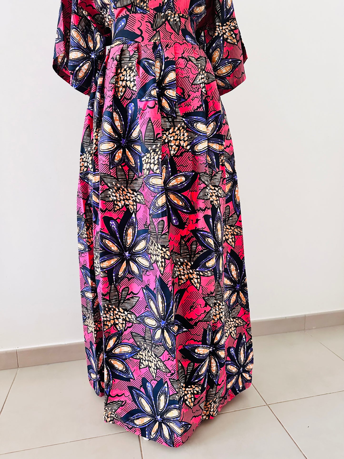 Jupe maxi rose - jupe longue en wax fleurie