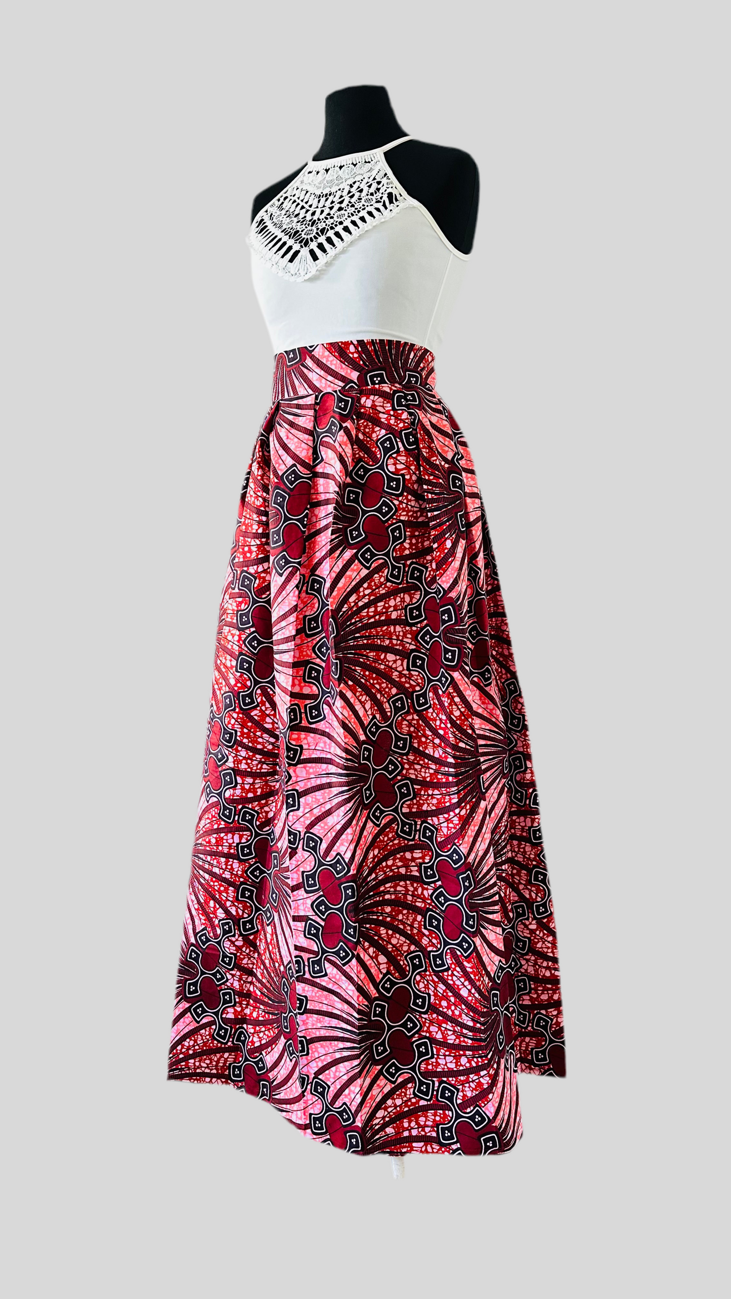 Jupe maxi en Wax - rose - bordeaux- -jupe mariage africain - tenue témoin mariage - africain- jupe longue rouge - jupe longue rose