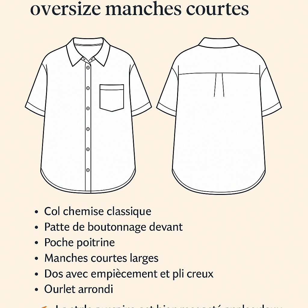 Patron PDF à coudre : chemise Rosa oversize à manches courtes. Coupe fluide, facile à adapter. Tailles 34 à 56. A4 + A0 inclus.
