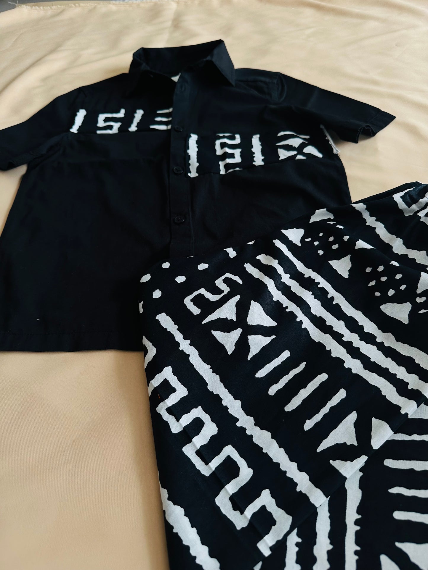 Ensemble enfant garçon Idriss – Bogolan noir et blanc – Fait main en coton