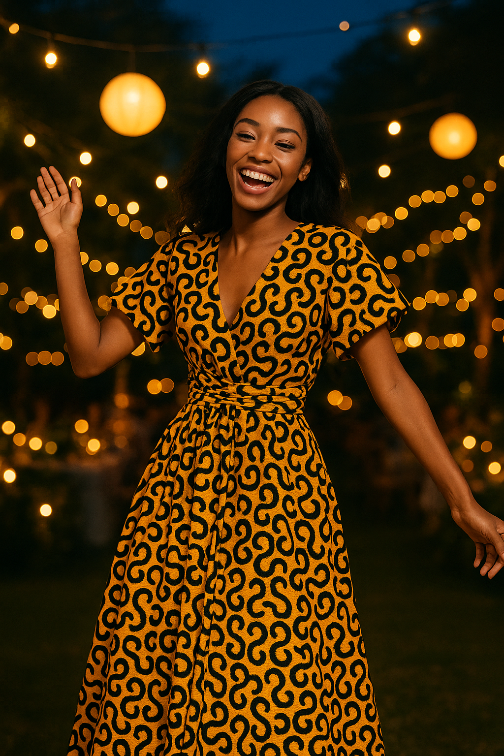 Jeune femme portant une robe Infinity en wax jaune et noir, nouée façon bustier, fond studio beige, création artisanale Kaysol Couture.