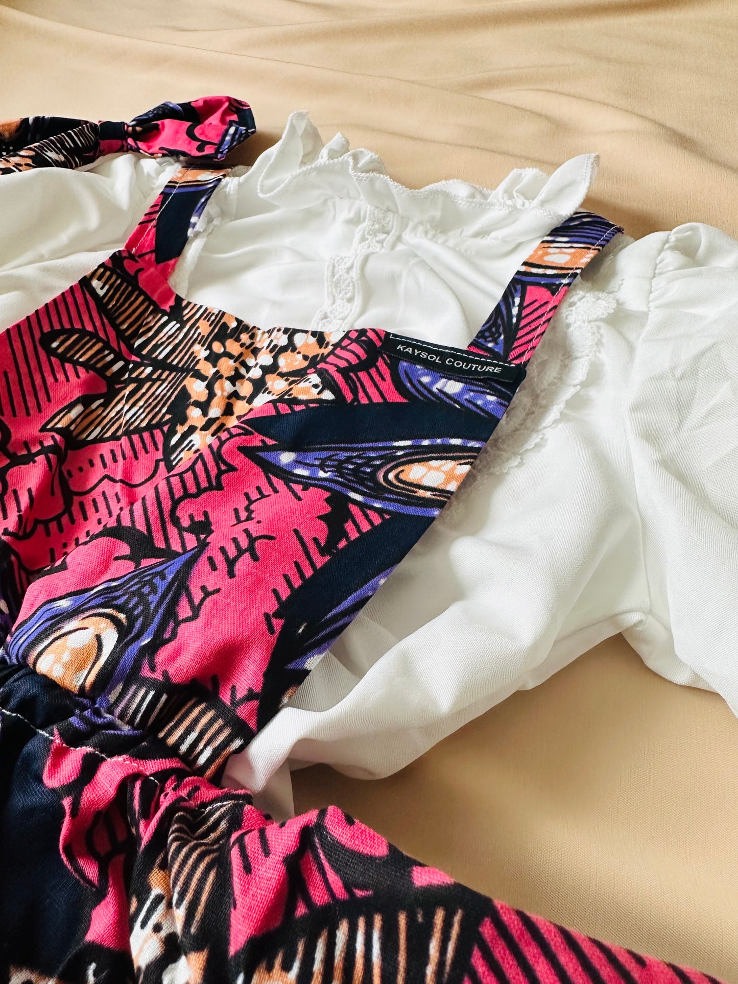 2 pièces enfant en Wax - Robe et chemise - Wax fleurie rose