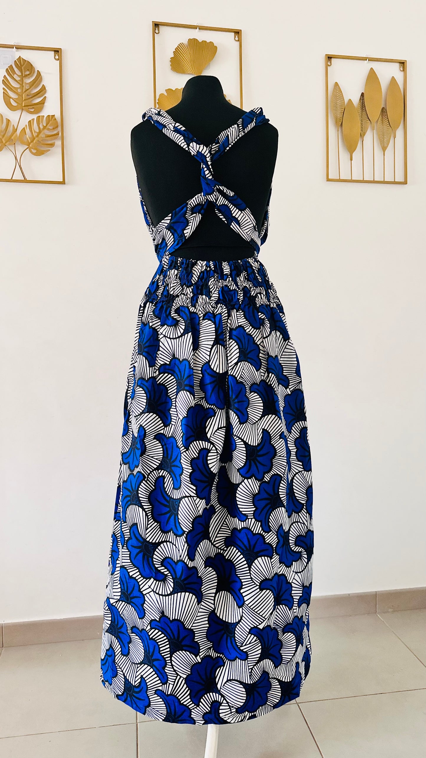 Robe Infinity en wax - Fleurs Bleu Roi