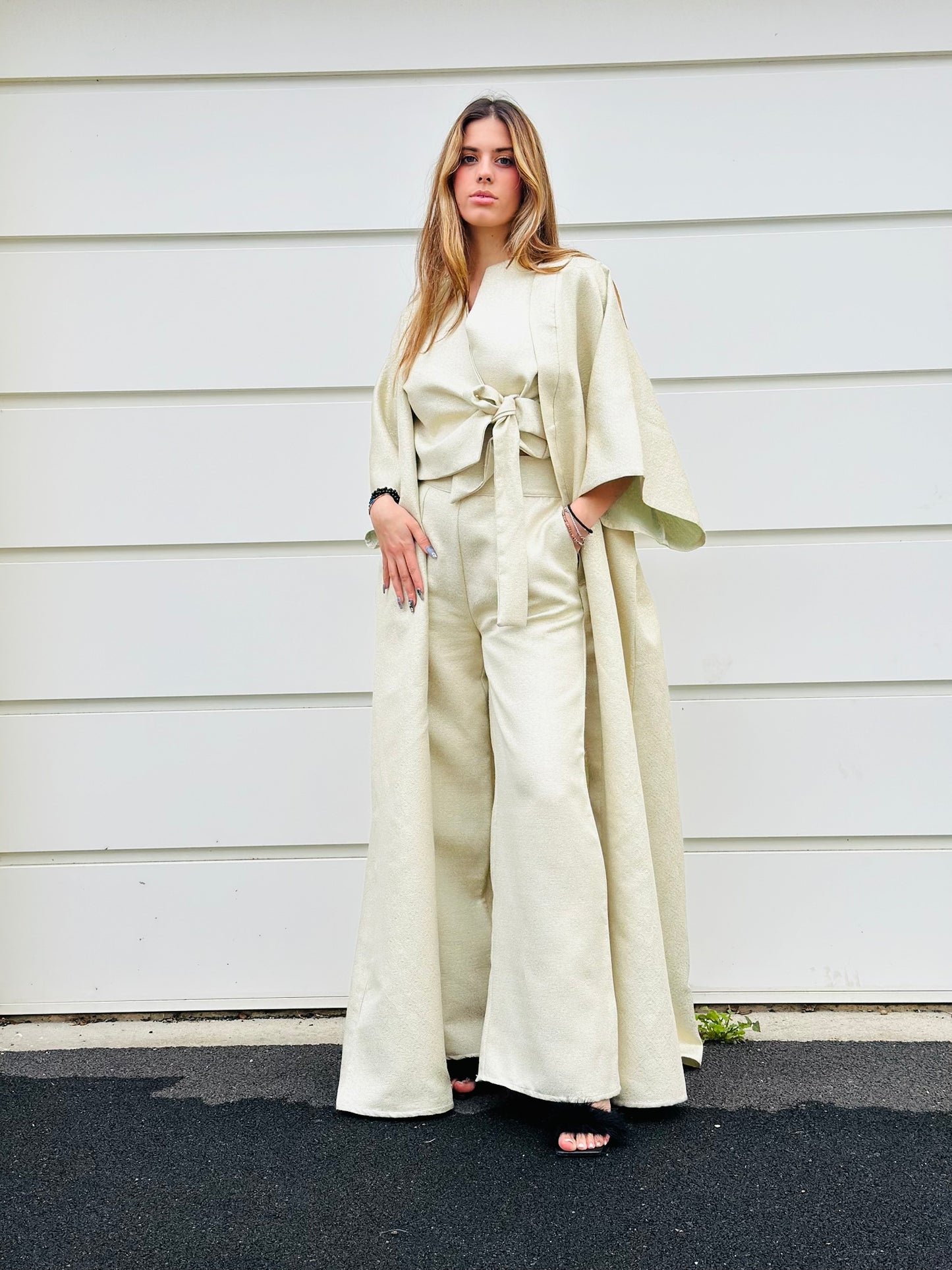 Kimono maxi brocard beige pailletée