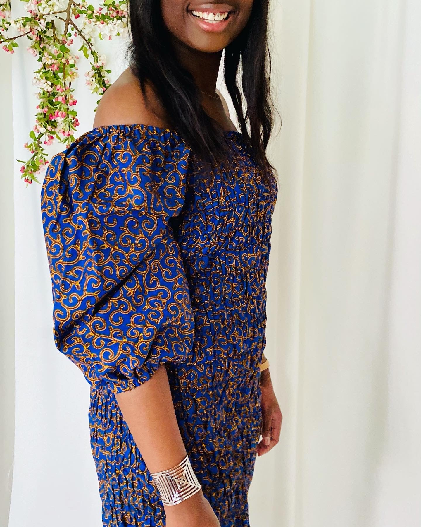 Robe Élastique droite en wax - Manches bouffantes chic - Wax bleu