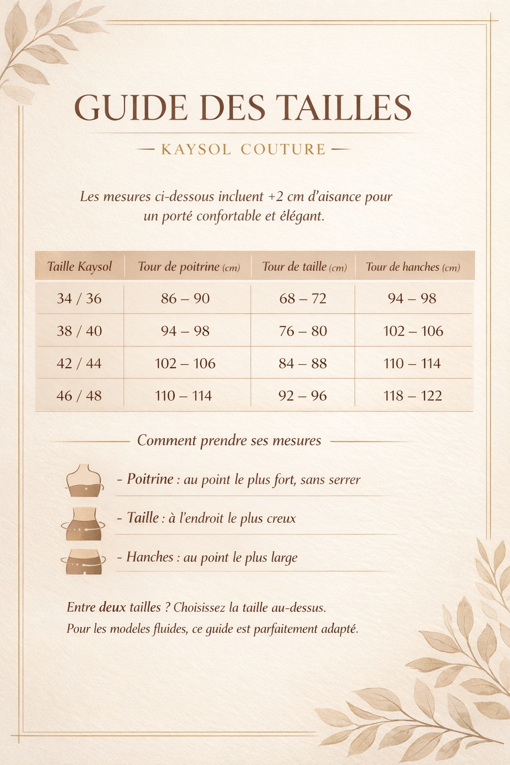 Guide des tailles Kaysol Couture