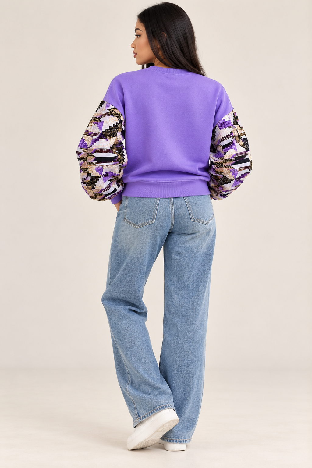 Sudadera de mujer con Wax / Lila - Mangas batik Bogolan con purpurina / Nuevo