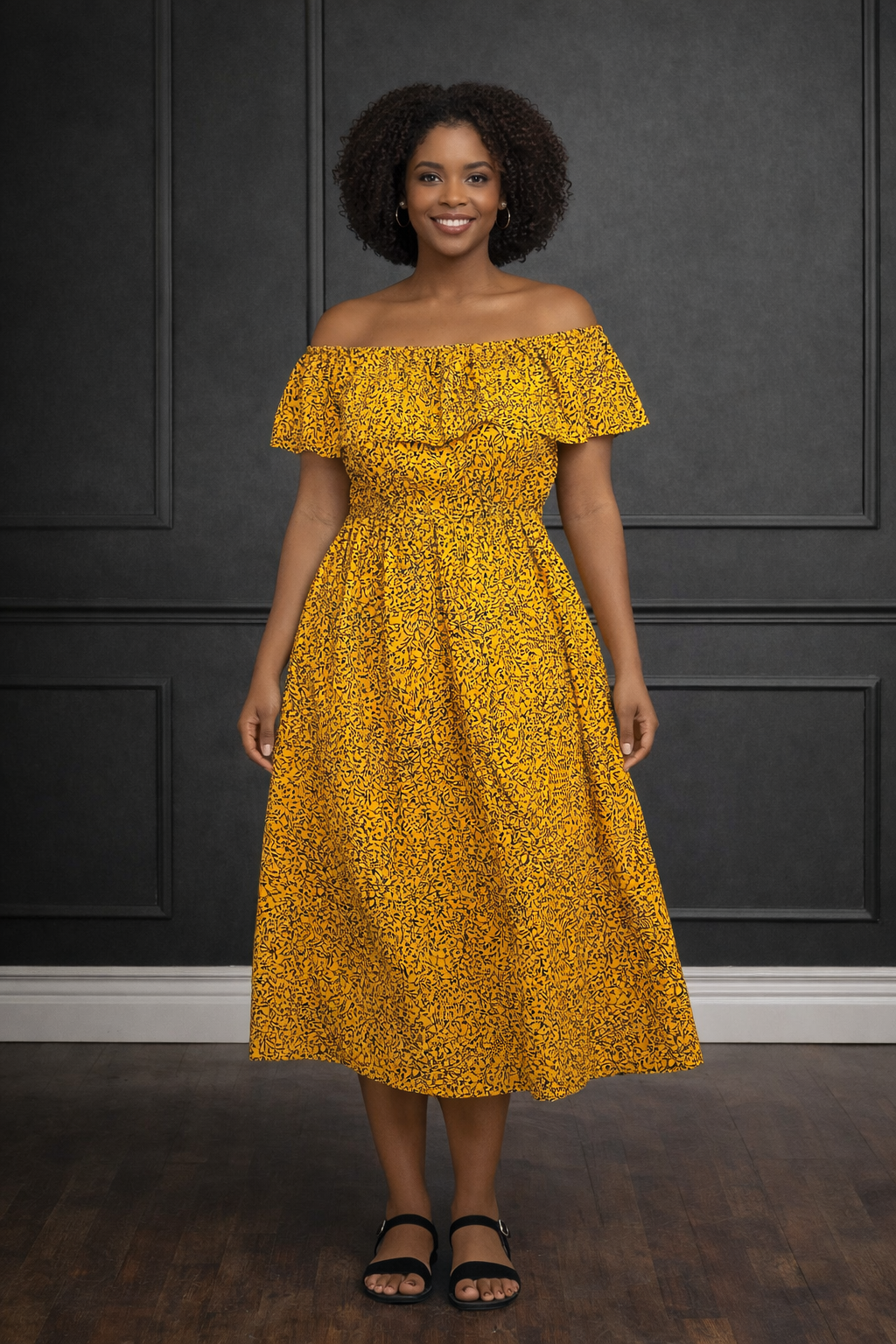 Robe Mi mollet en wax - feuilles jaune