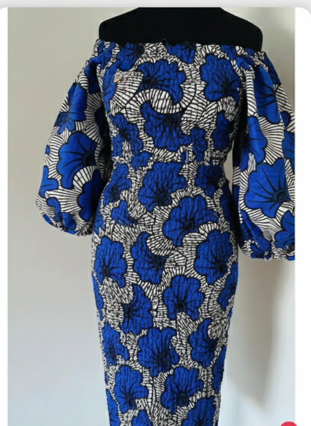 Straight elastic wax dress - Chic puff sleeves - Blue wax