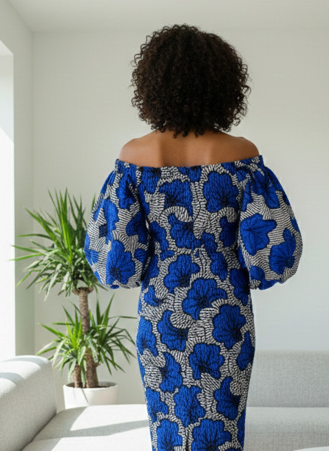 Robe Élastique droite en wax - Manches longues - Manches bouffantes chic