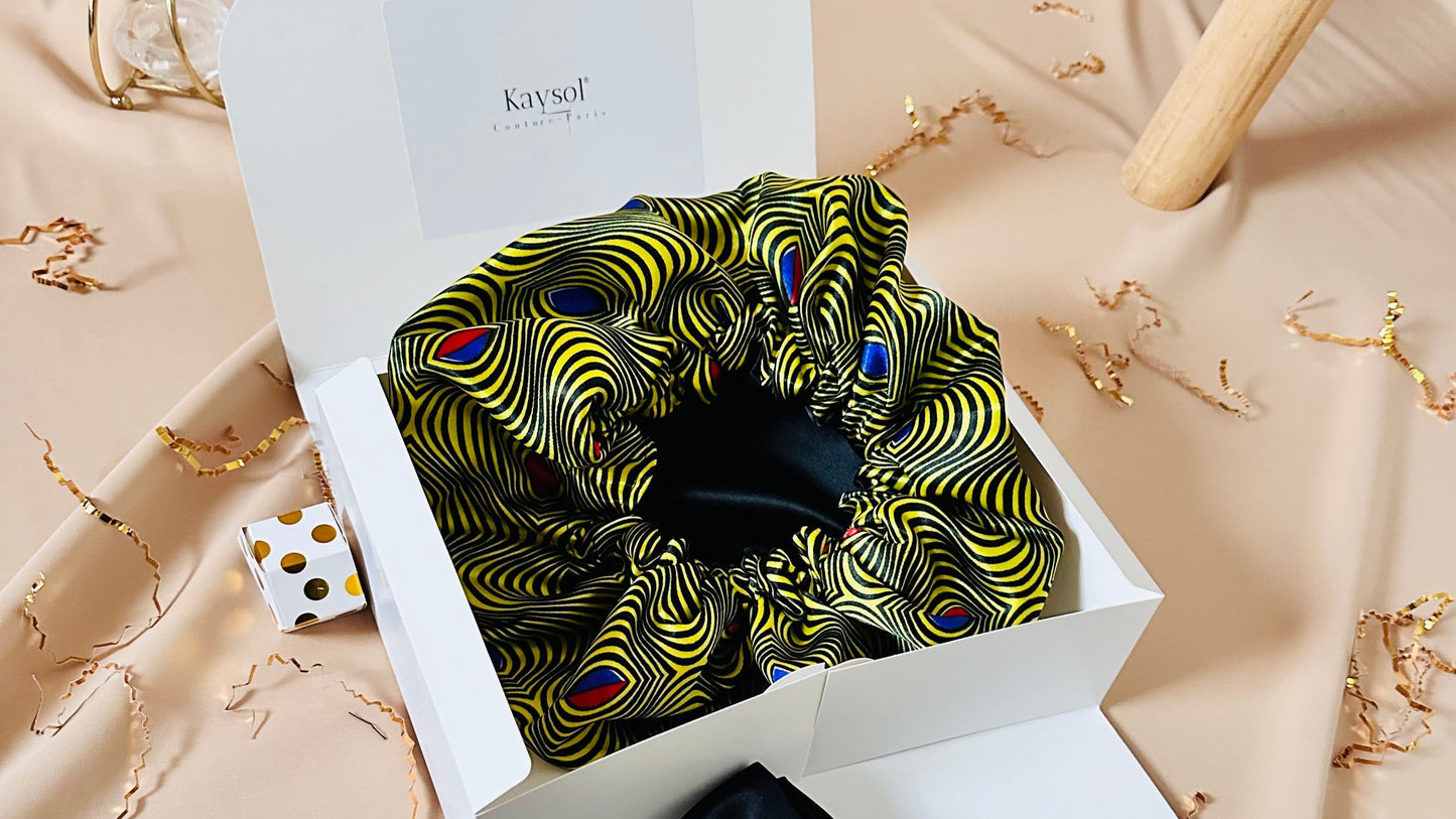 Bonnet en Satin jaune - Taie en satin - Chouchou - Coffret cadeau-bonnet en satin en wax - wax jaune