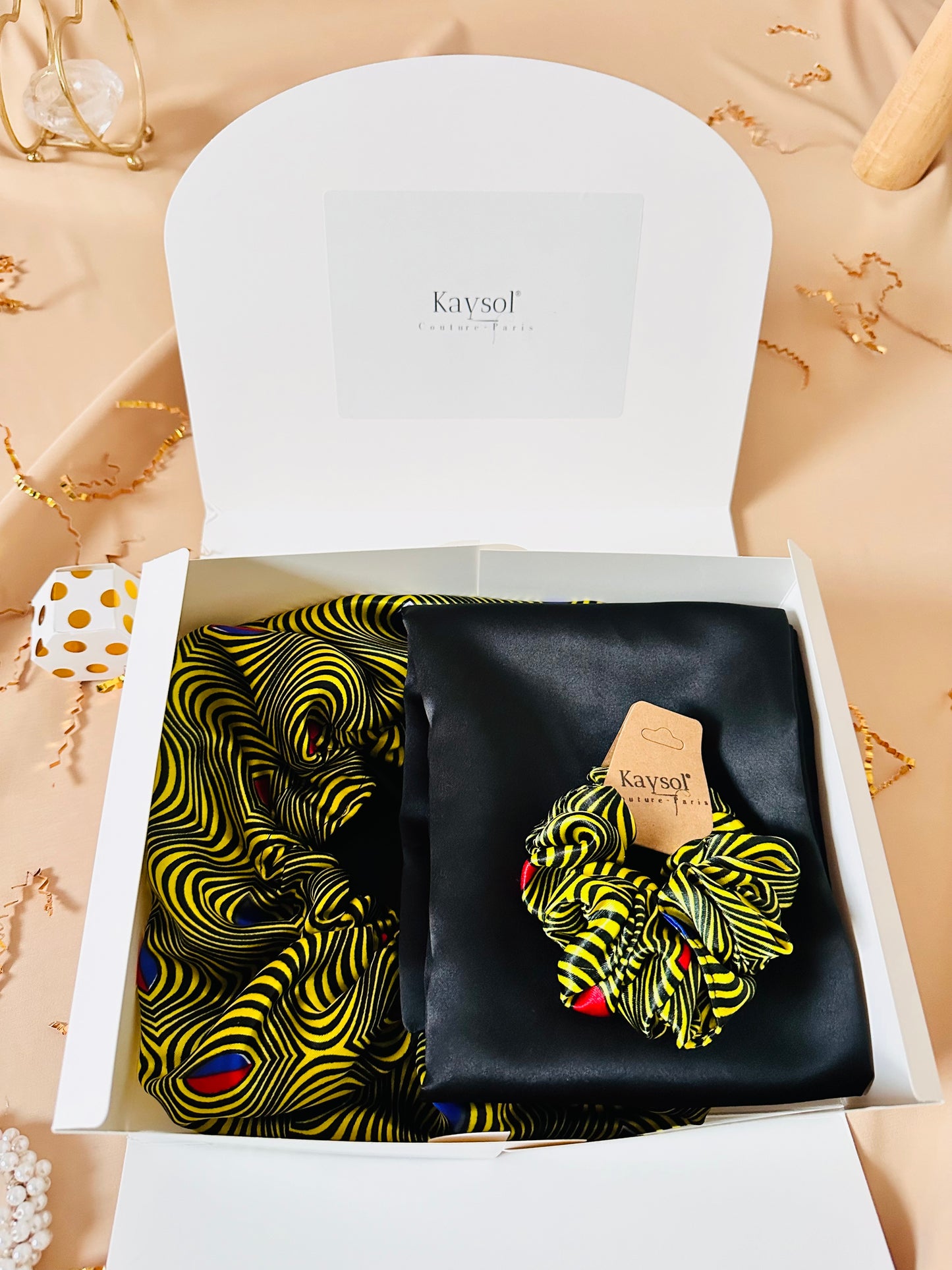 Bonnet en Satin jaune - Taie en satin - Chouchou - Coffret cadeau-bonnet en satin en wax - wax jaune