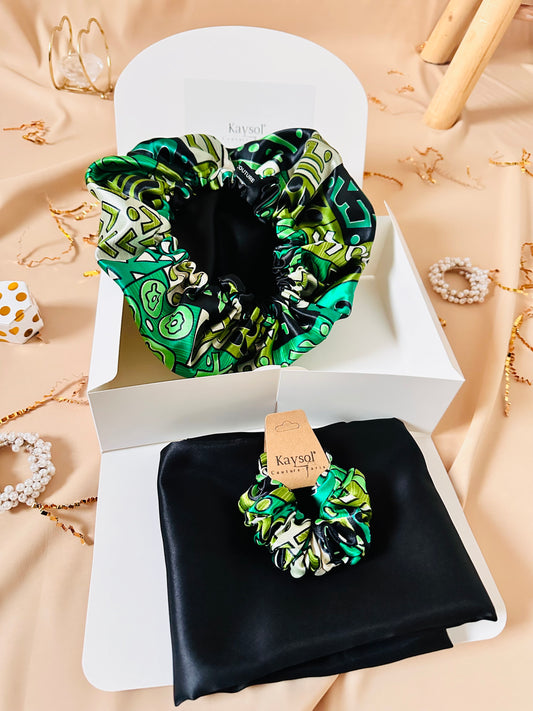 Bonnet en Satin vert - Taie d'oreiller noir - chouchou -  Box assorti - Cadeau mixte - bonnet en satin homme - Box cadeau homme - Soin des cheveux