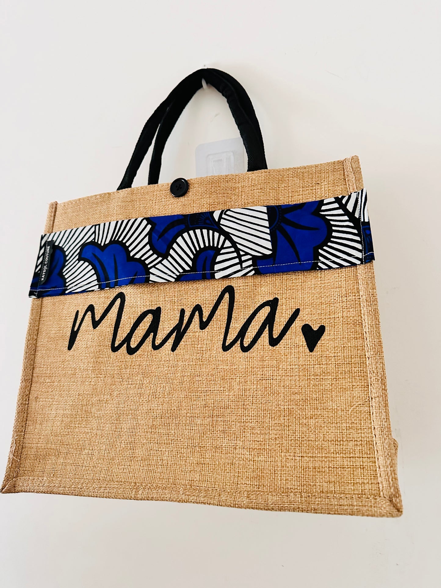 Sac cabas toile de jute Personnalisé "MAMA" Wax bleu