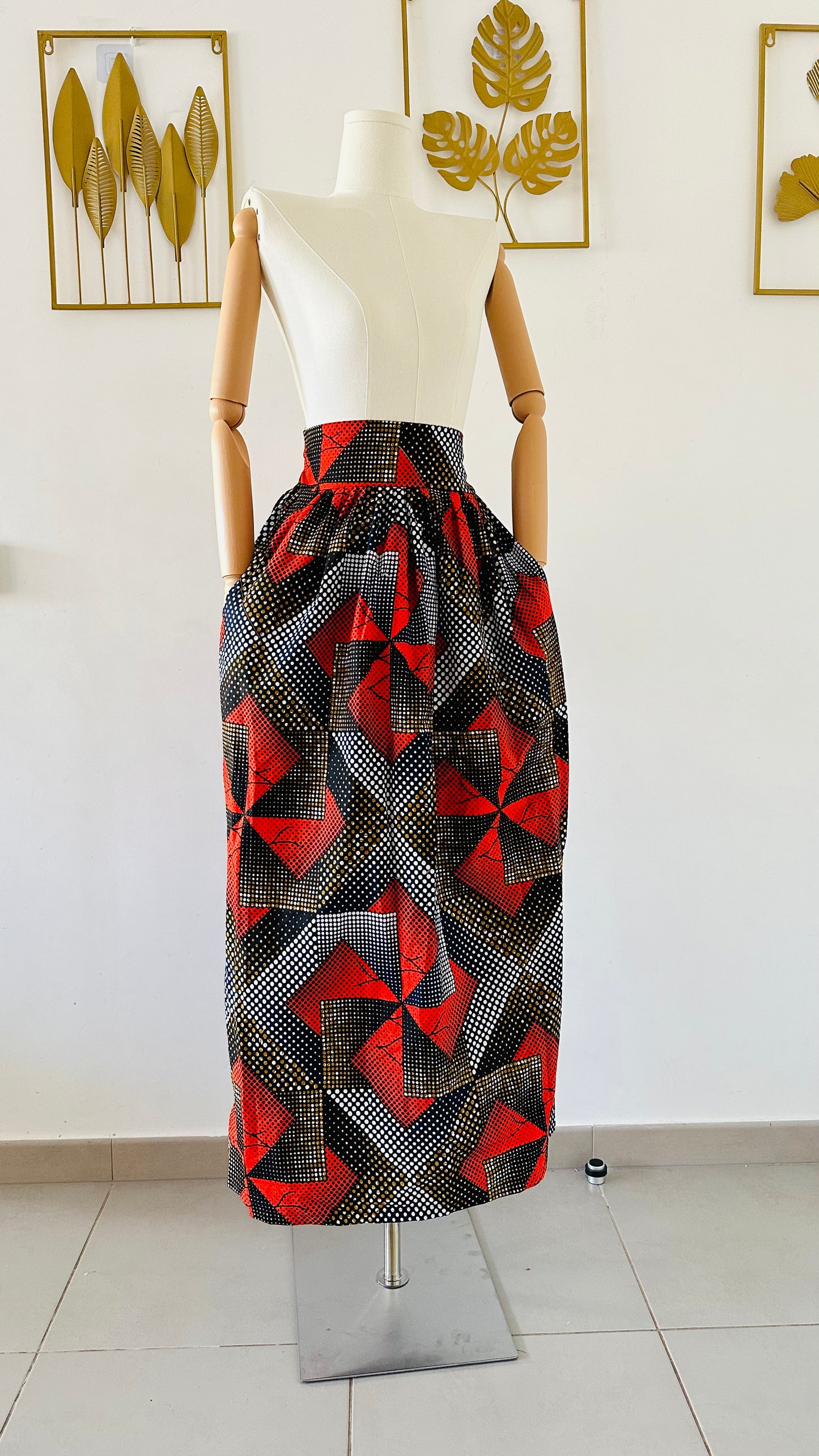 Jupe africaine longue - Taille Haute - Avec poches - jupe plissée longue - jupe évasée en wax - jupe africaine rouge