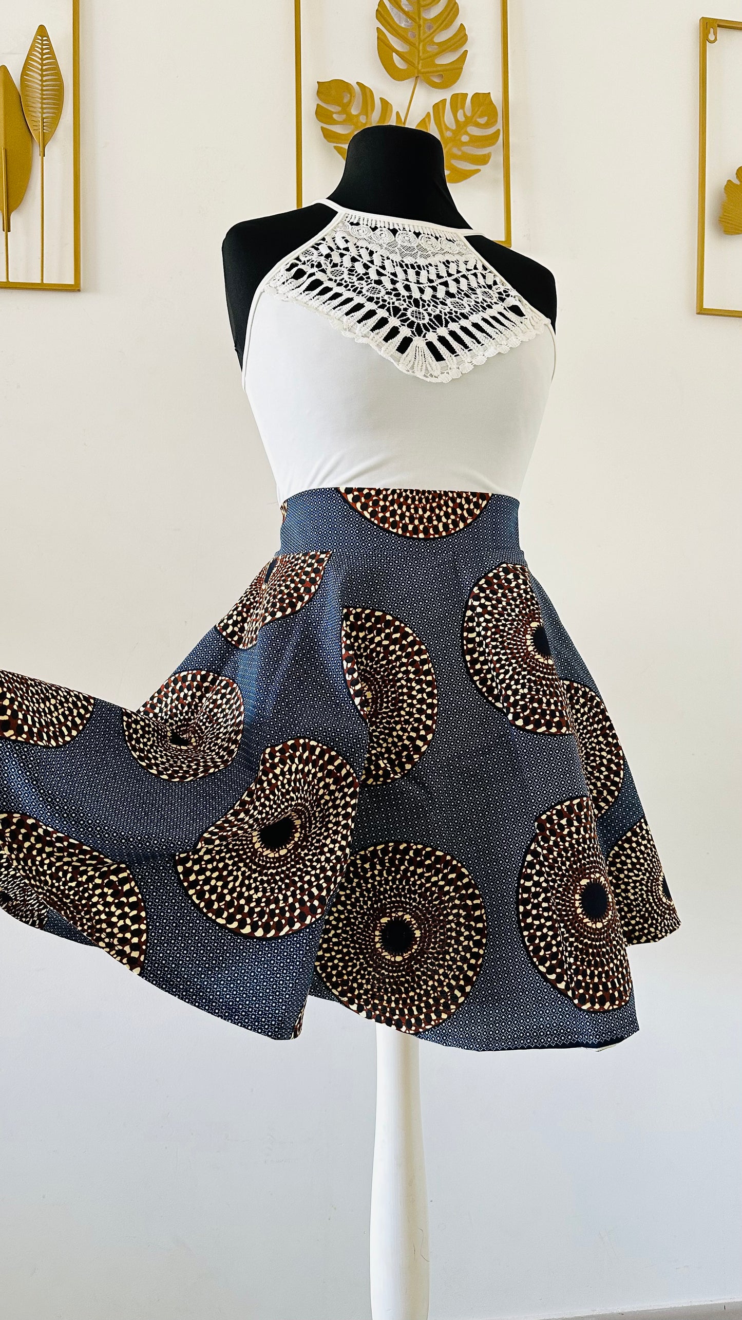 Jupe Patineuse en wax - Jupe Courte africaine- jupe africaine bleu - jupe en wax rouge et beige