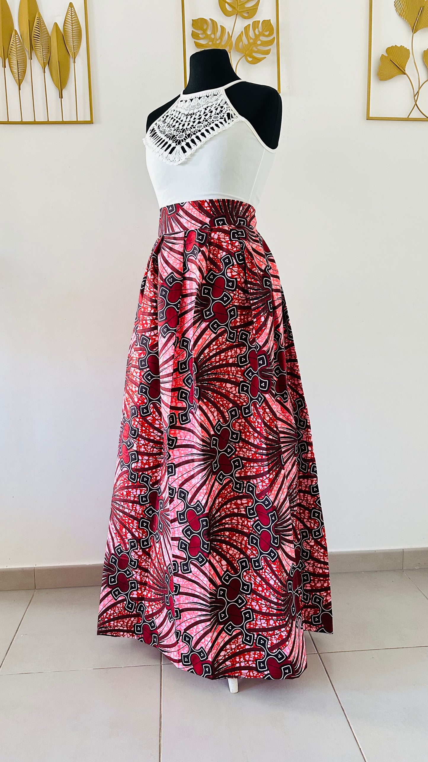 Jupe maxi en Wax - rose - bordeaux- -jupe mariage africain - tenue témoin mariage - africain- jupe longue rouge - jupe longue rose
