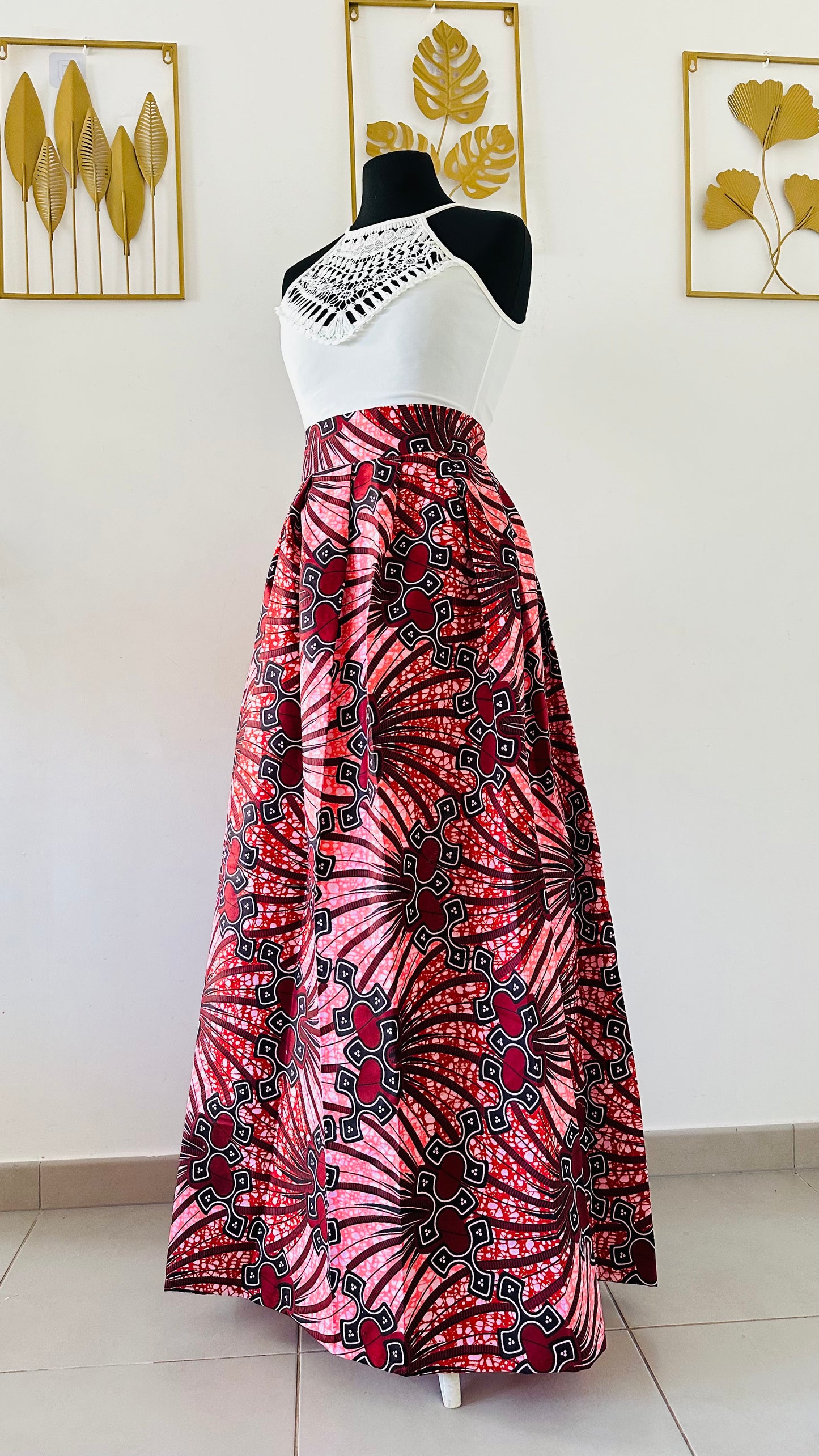 Jupe maxi en Wax - rose - bordeaux- -jupe mariage africain - tenue témoin mariage - africain- jupe longue rouge - jupe longue rose