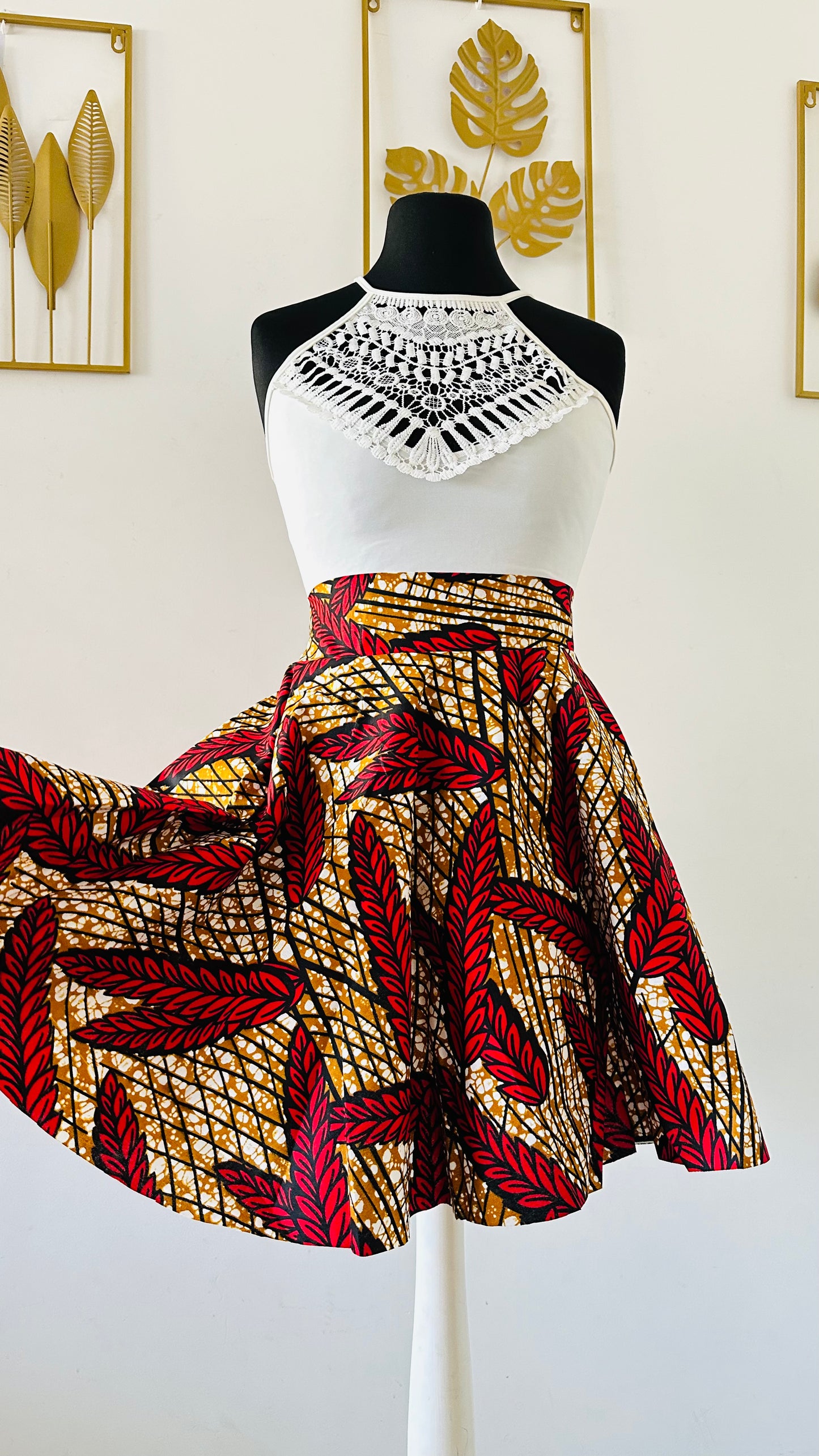 Jupe Patineuse en wax - Jupe Courte africaine- jupe africaine bleu - jupe en wax rouge et beige