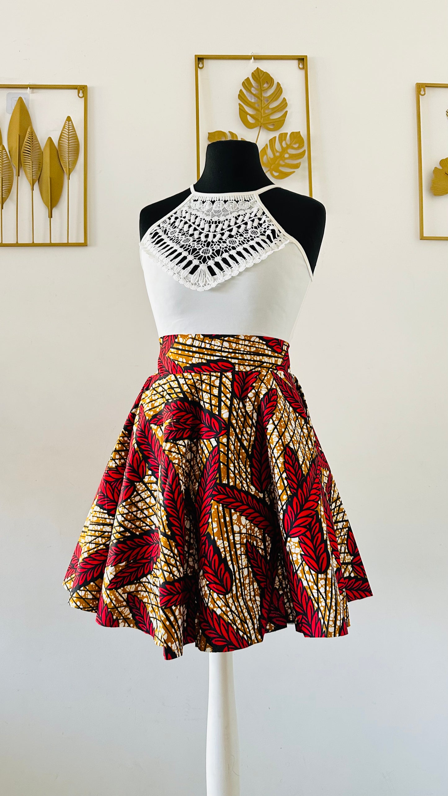 Jupe Patineuse en wax - Jupe Courte africaine- jupe africaine bleu - jupe en wax rouge et beige