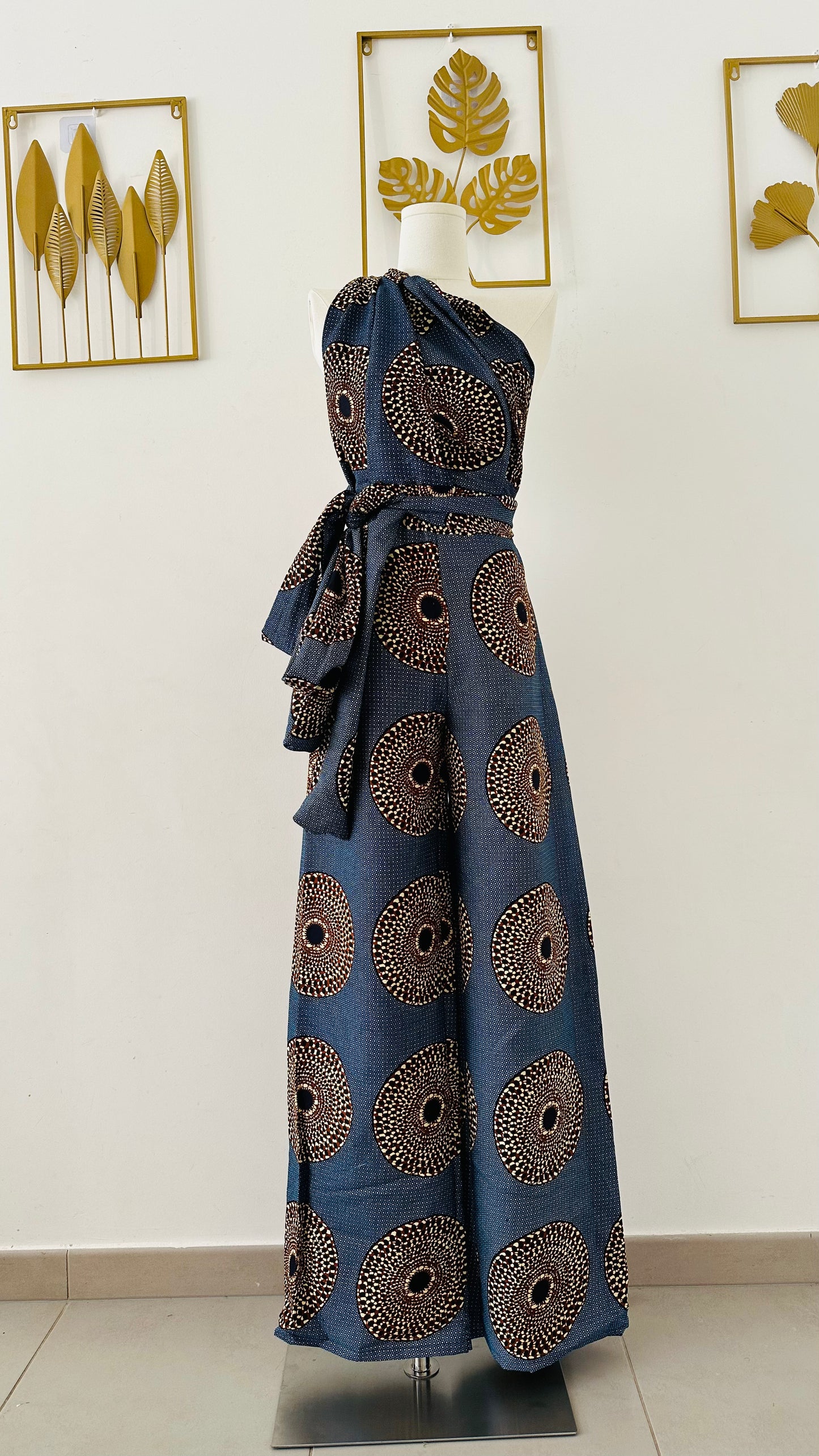 Combinaison en Pagne - Bleu-brun - tenue africaine- pantalon en wax - combinaison en tissu africain - combinaison dos nu en wax