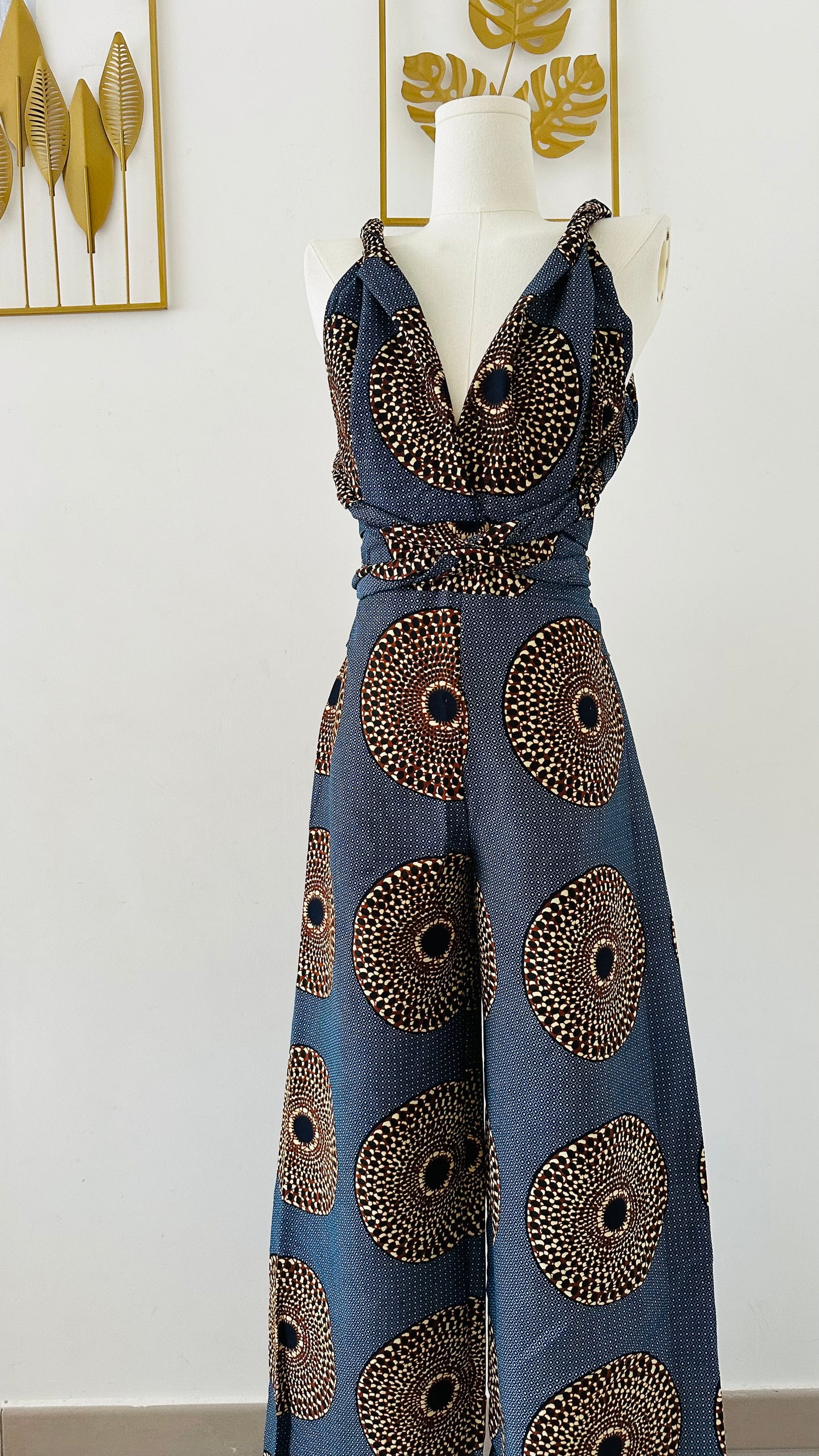 Combinaison en Pagne - Bleu-brun - tenue africaine- pantalon en wax - combinaison en tissu africain - combinaison dos nu en wax