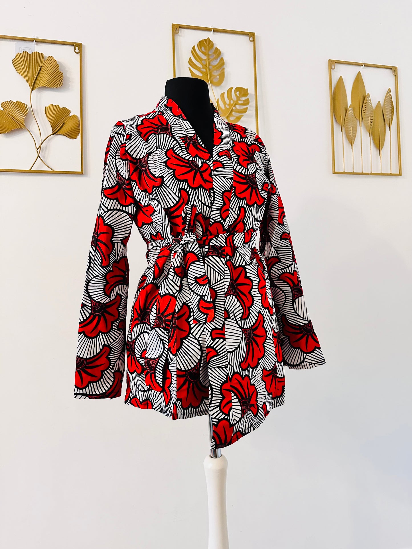Kimono en wax - Fleurs de mariage rouges