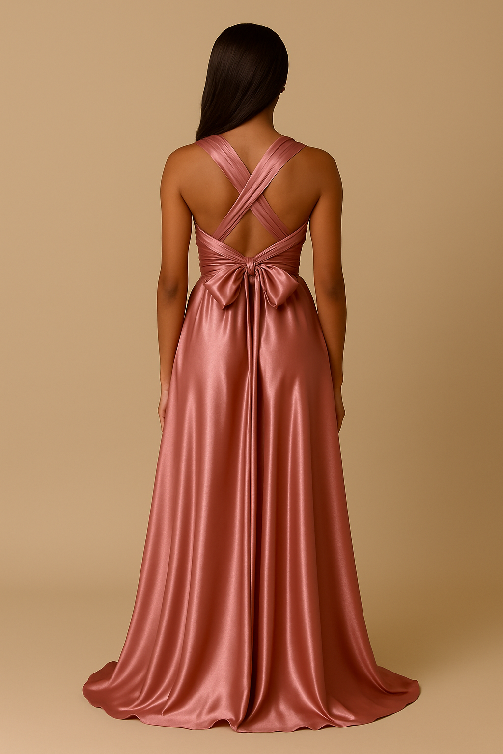 Robe Infinity satin bois de rose avec bretelles croisées et nœud papillon dans le dos, longueur traînante