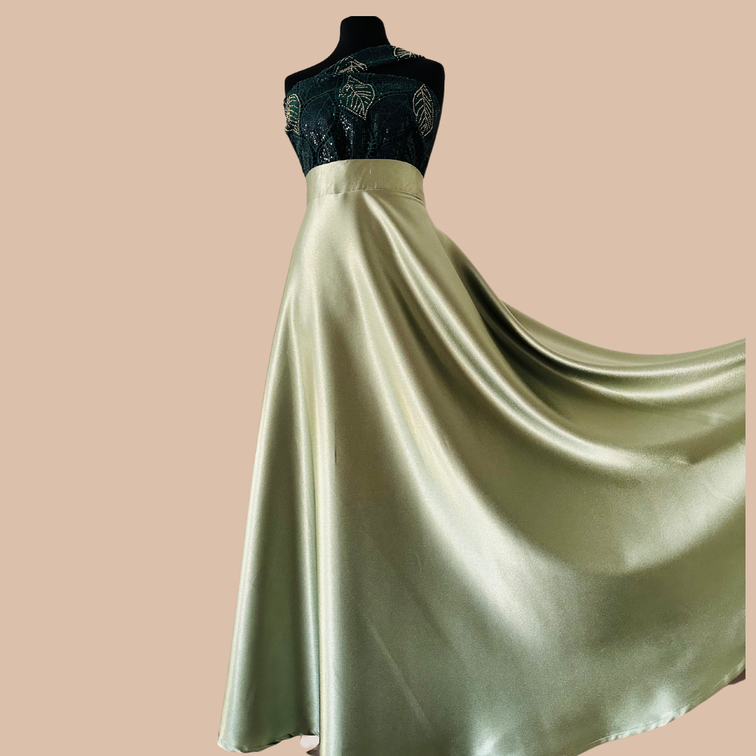 Jupe Patineuse longue en Satin Sauge - Jupe longue en Satin Vert - Jupe Vert Sauge