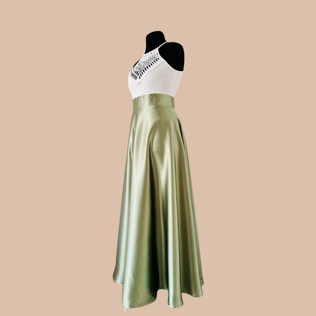 Jupe Patineuse longue en Satin Sauge - Jupe longue en Satin Vert - Jupe Vert Sauge