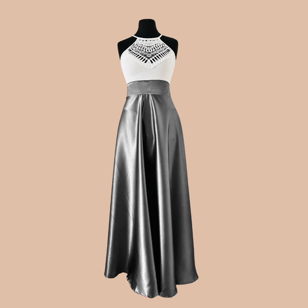 Jupe Longue en Satin Gris Argent - Main Image