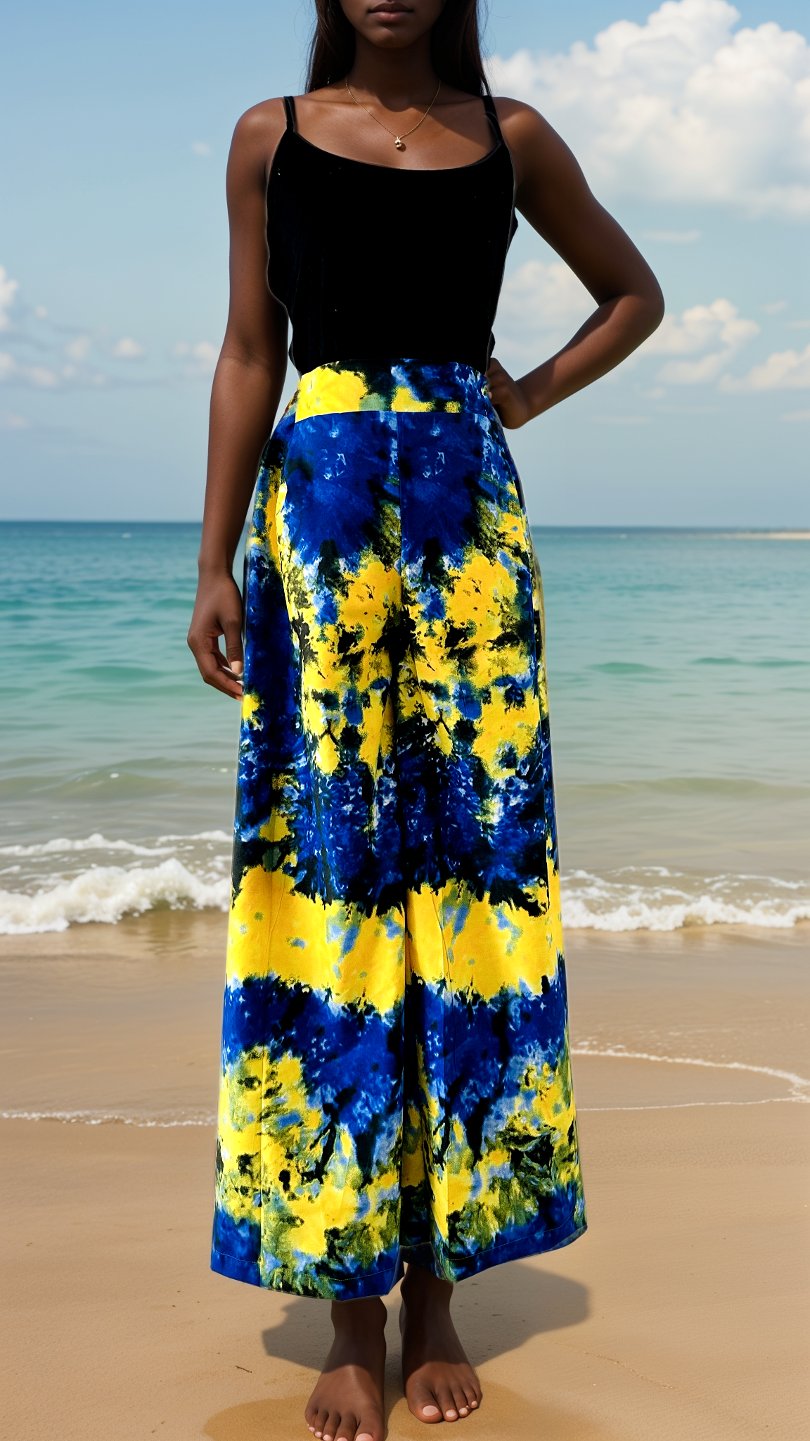 Pantalon Eté Palazzo femme - Bleu Jaune - pantalon femme plage - tenue de plage - tenue femme ample - tenue femme été
