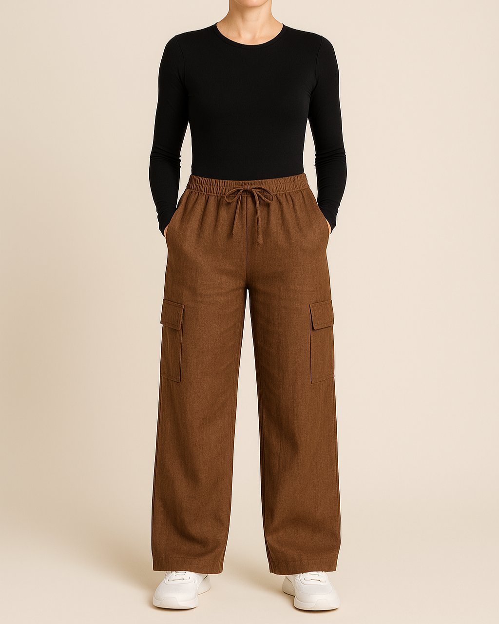Patron PDF à télécharger – pantalon large à poches style cargo, taille élastiquée avec cordon. Tailles 34 à 56. Idéal pour couturier(e)s débutant(e)s.