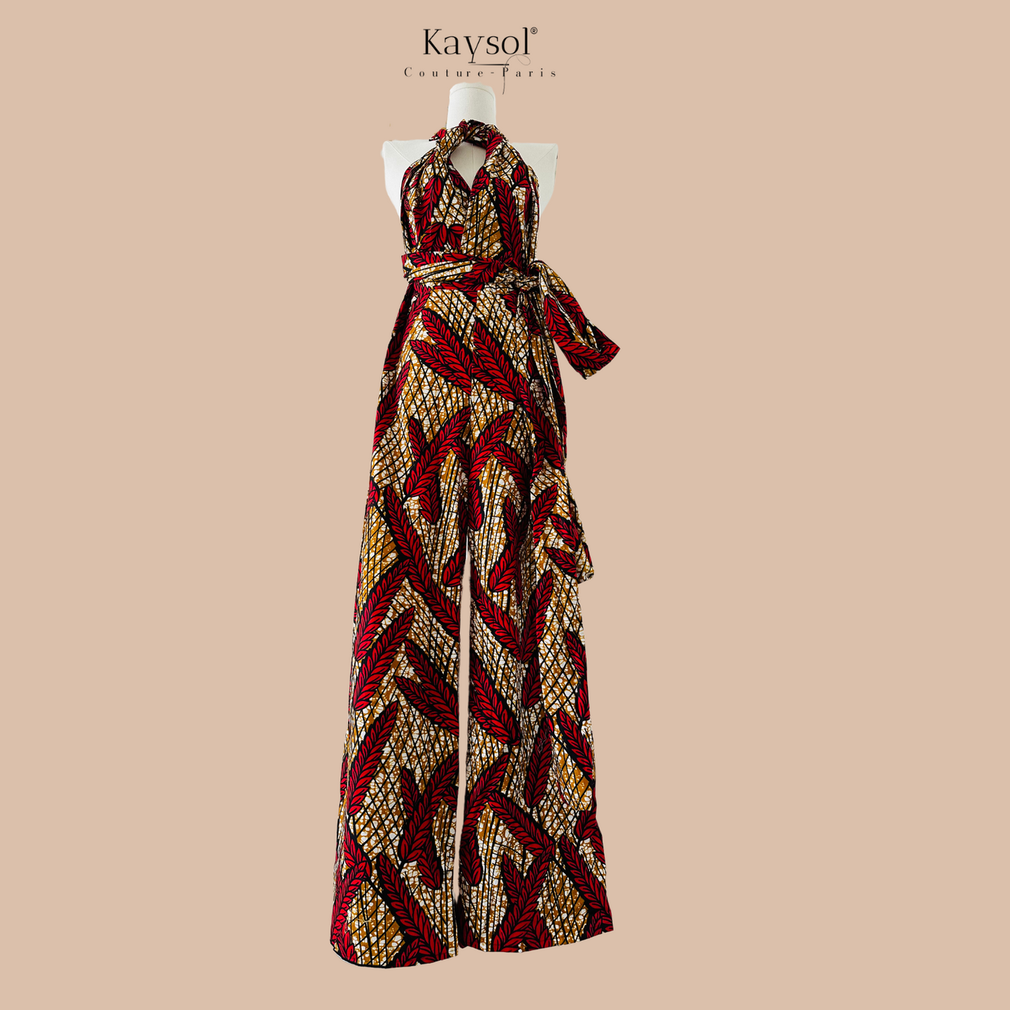 tissu wax rouge et beige - Combinaison en wax - tenue de ceremonie africaine - boutique africaine paris - robe en wax - tissu pagne