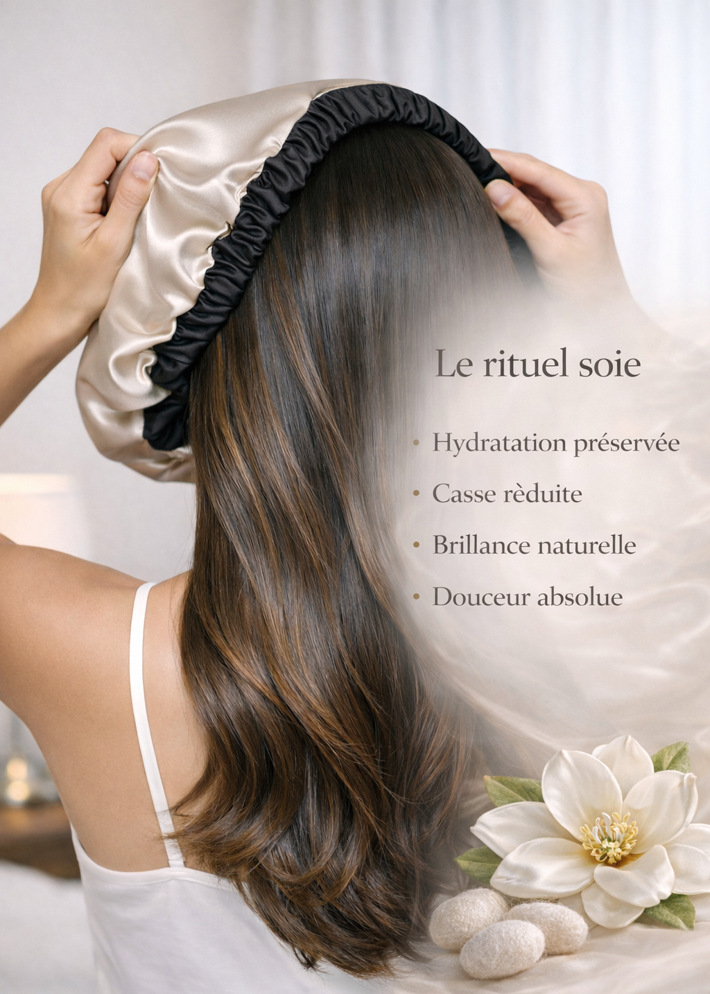 Coffret | 100 % Soie de mûrier | Taie en Soie | Bonnet et Chouchous assorti | Noir/Bordeaux
