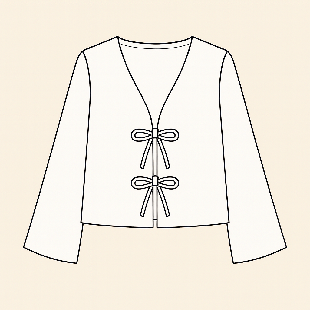 Patron PDF facile – Blouse LINA à nouer, du XS au 8XL. Encolure V, manches longues, coupe fluide. Téléchargement immédiat.