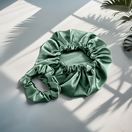 Bonnet en satin et chouchou vert pistache