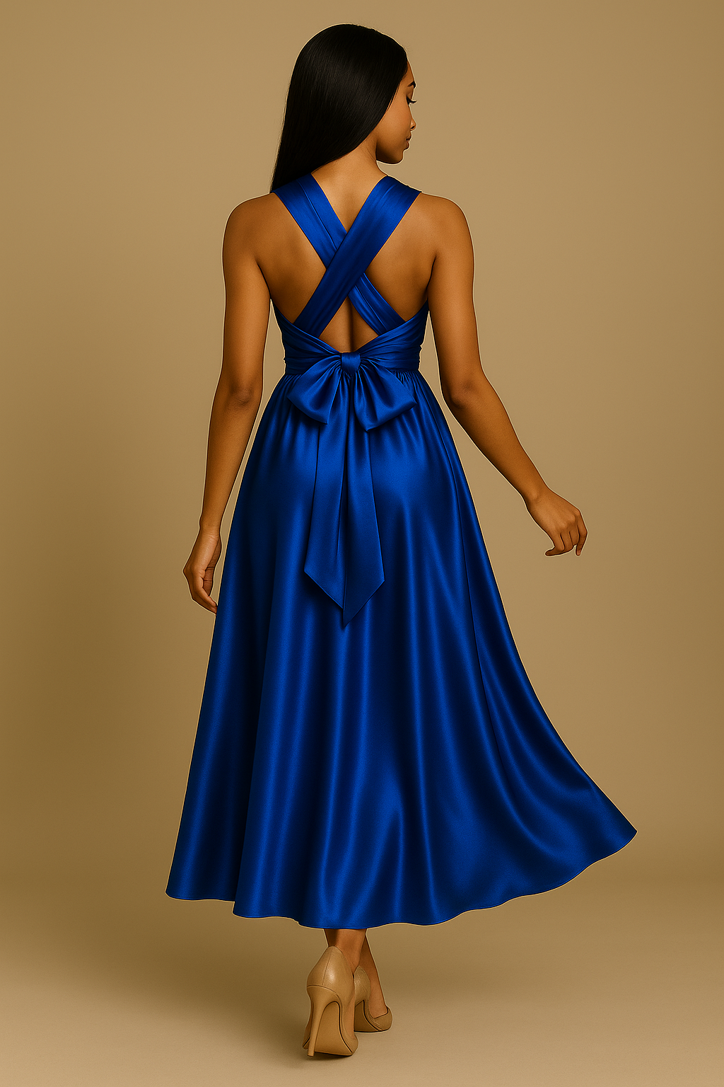 Trois mannequins présentent la robe Infinity satin bleu roi en trois longueurs différentes (genou, mi-mollet, longue) sur fond beige. Chaque robe est nouée dans un style distinct, mettant en valeur la brillance du satin et la coupe plissée fluide.