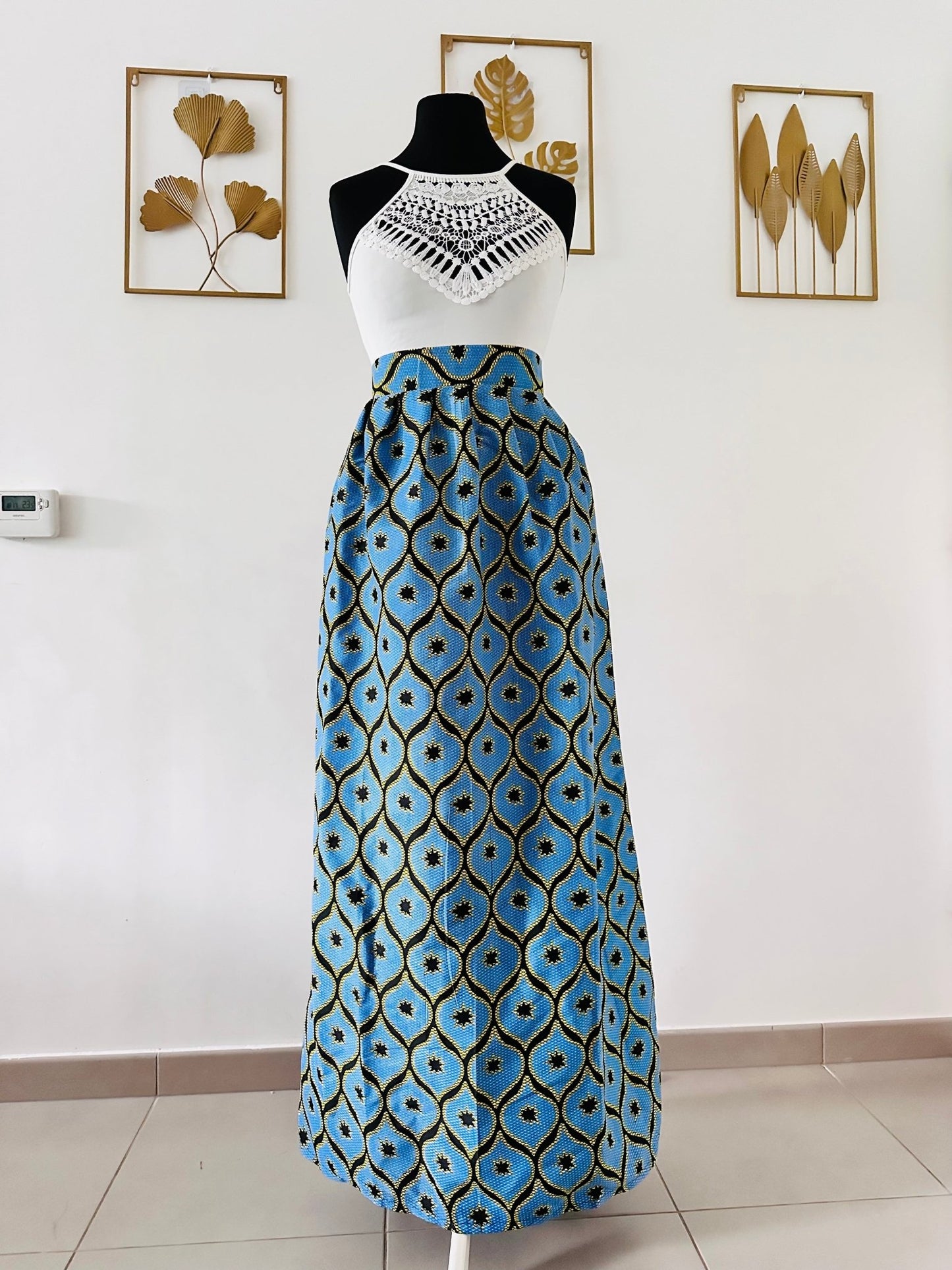 Jupe Longue en Wax Taille Haute - Jupe maxi Wax bleu - Kaysol Couture