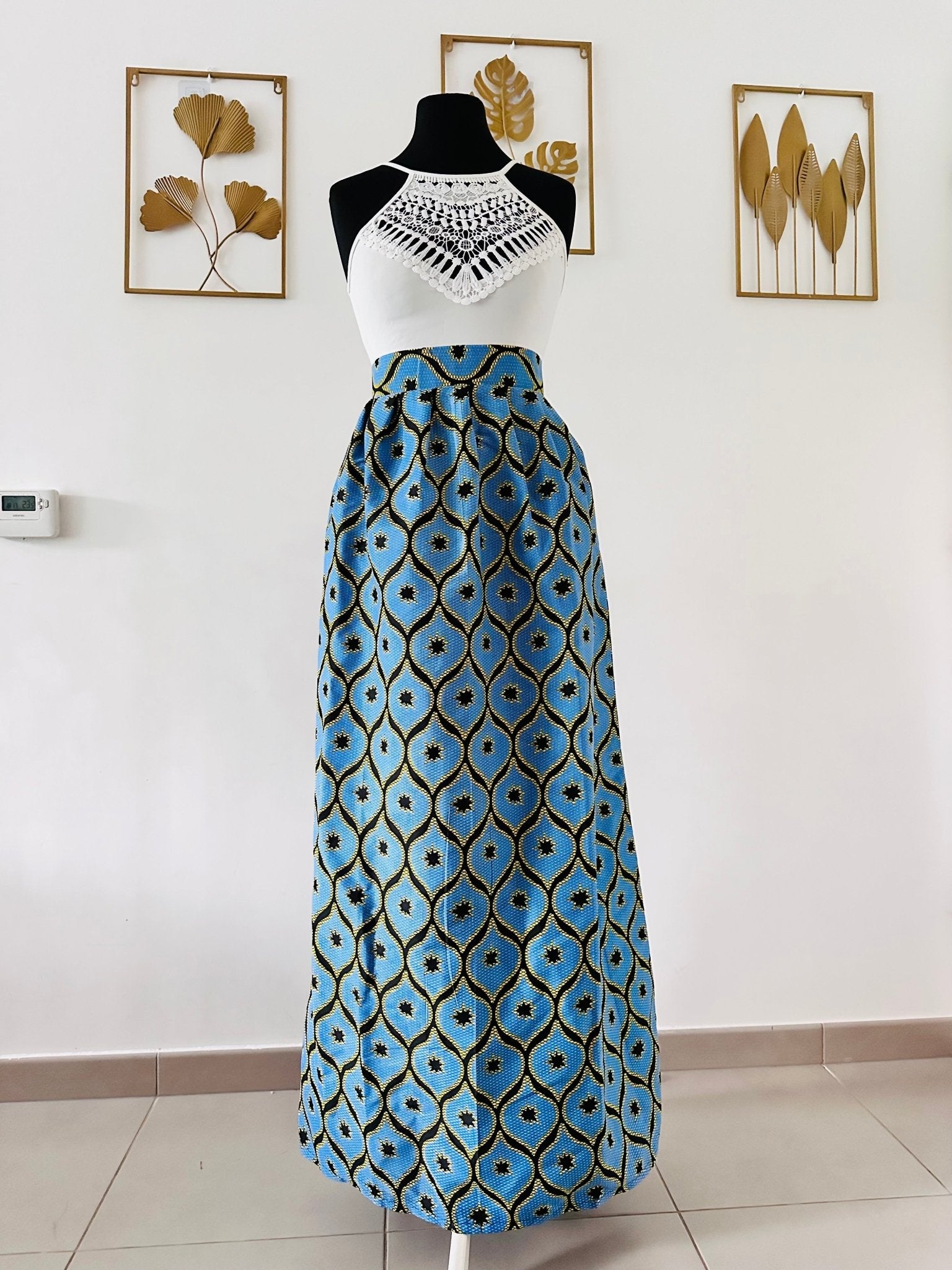 Jupe Longue en Wax Taille Haute - Jupe maxi Wax bleu - Kaysol Couture