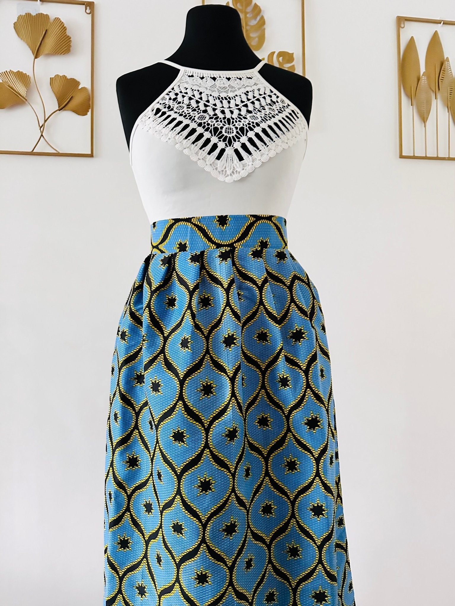 Jupe Longue en Wax Taille Haute - Jupe maxi Wax bleu - Kaysol Couture