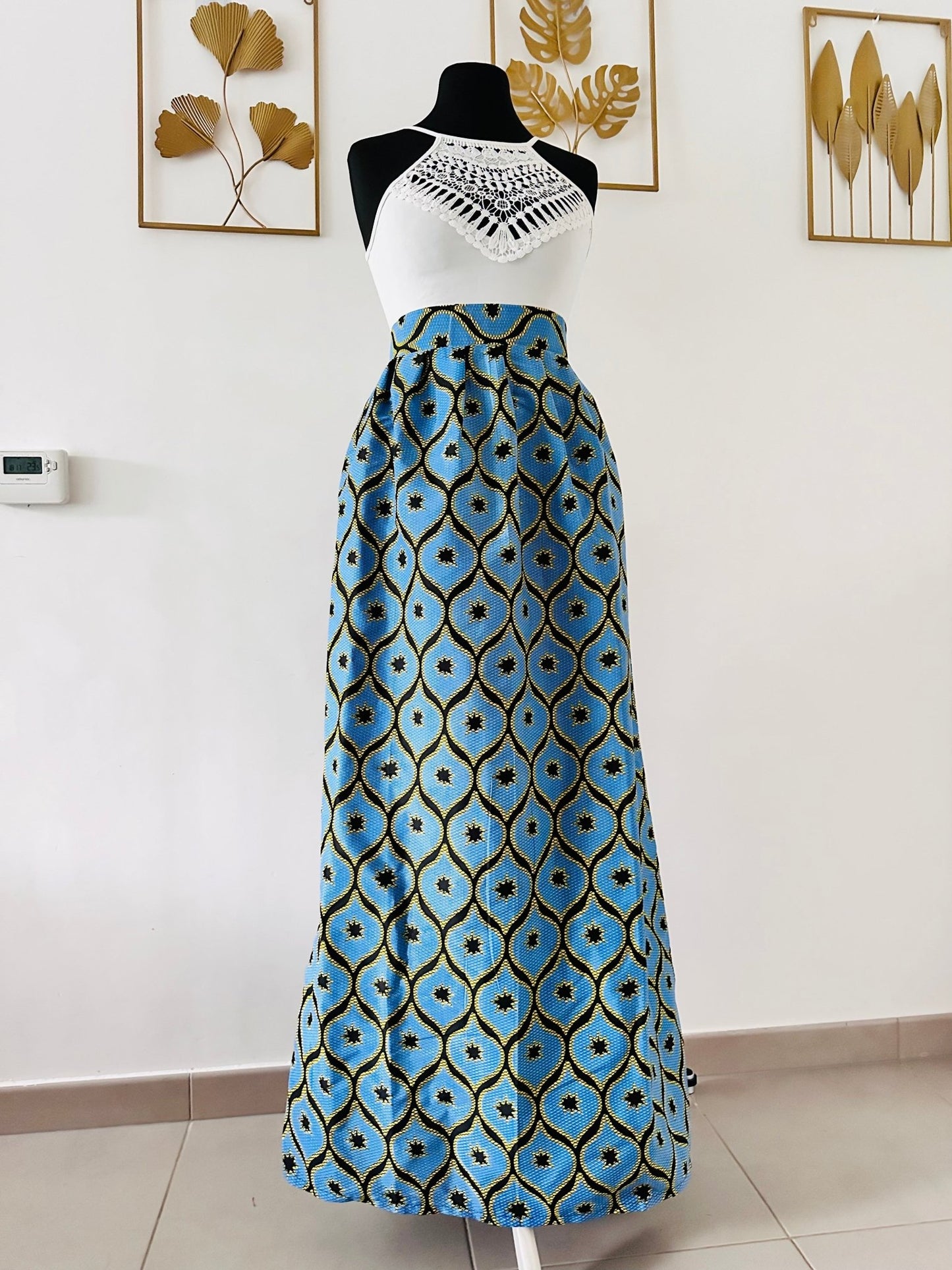 Jupe Longue en Wax Taille Haute - Jupe maxi Wax bleu - Kaysol Couture