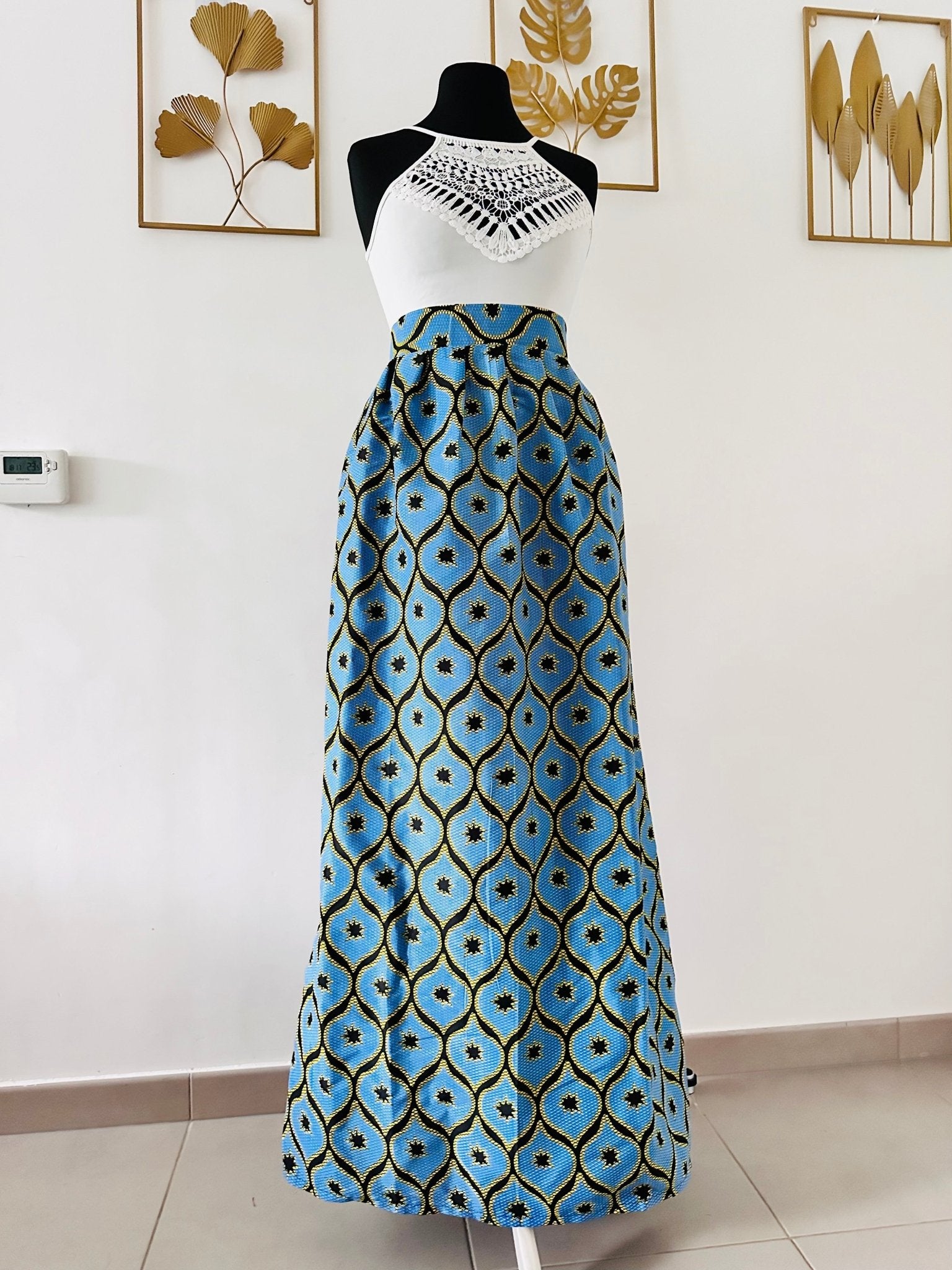 Jupe Longue en Wax Taille Haute - Jupe maxi Wax bleu - Kaysol Couture