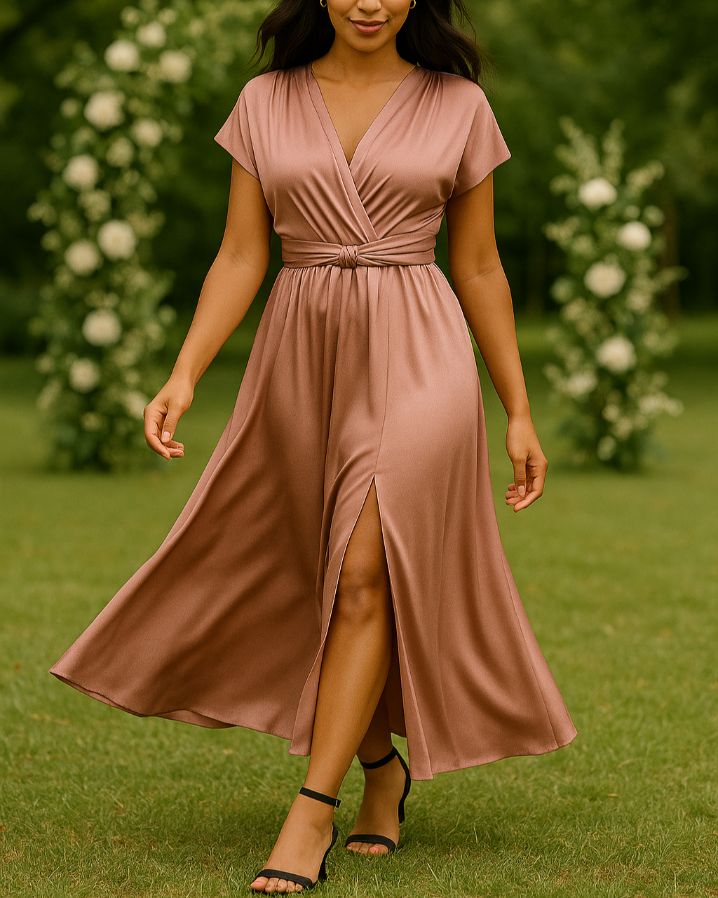 femme au mariage avec robe demoiselle dhonneur en satin rose tendance