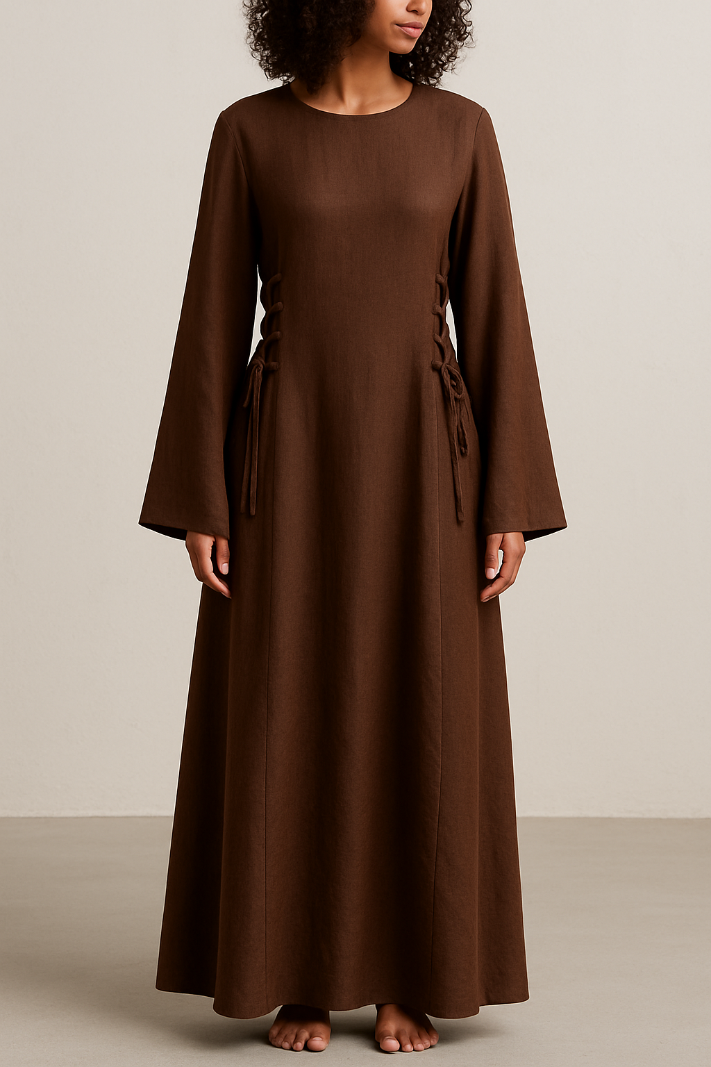 Robe longue en lin marron – Marina – Modeste, fluide, ajustable
