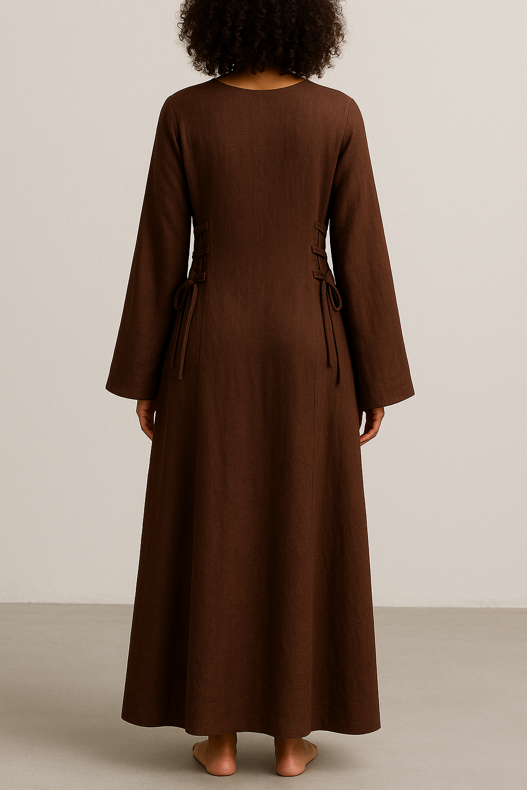 Robe longue en lin marron – Marina – Modeste, fluide, ajustable