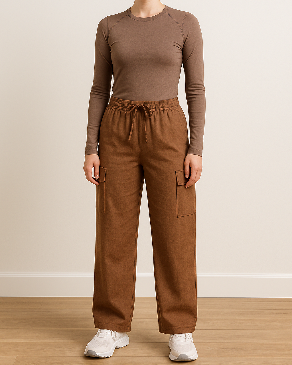 Patron PDF à télécharger – pantalon large à poches style cargo, taille élastiquée avec cordon. Tailles 34 à 56. Idéal pour couturier(e)s débutant(e)s.