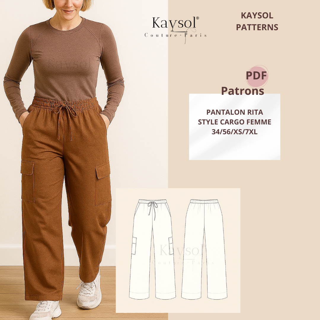 Patron PDF à télécharger – pantalon large à poches style cargo, taille élastiquée avec cordon. Tailles 34 à 56. Idéal pour couturier(e)s débutant(e)s.