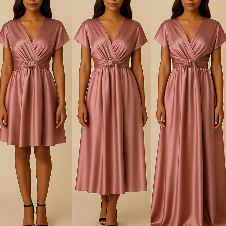 Robe Infinity satin rose blush longue, nouage papillon, vue de face sur fond beige