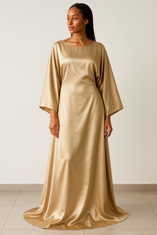 Robe Nayla longue en satin brillant coupe chauve-souris avec ceinture torsadée, idéale pour mariage, demoiselle d’honneur, cérémonie ou tenue Aïd – Kaysol Couture.